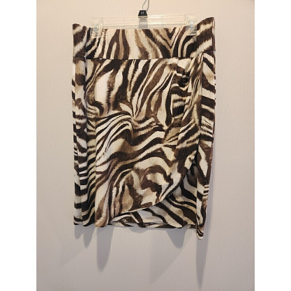 Chicos Animal Sally Sarong Faux Wrap Skirt Brown Sz 2 (12) Tiger Print Pull On